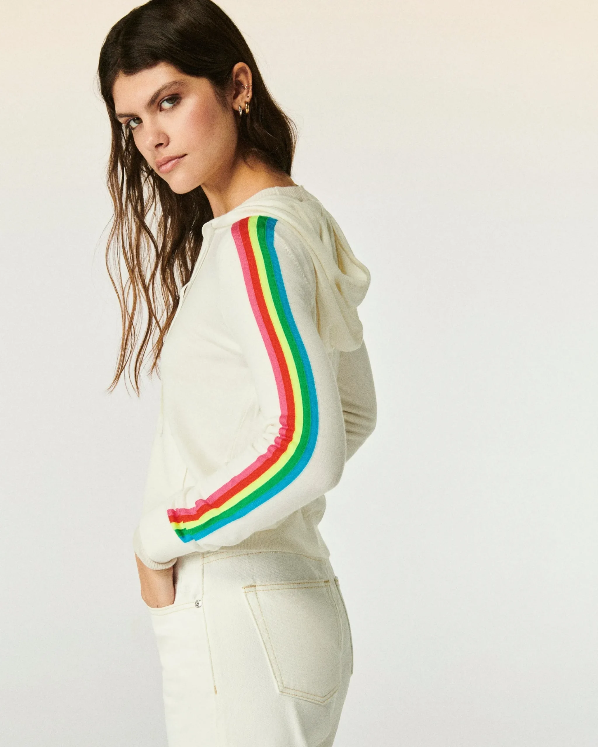FROM FUTURE Felpa-maglione con Zip Banda multicolore Ecrù New