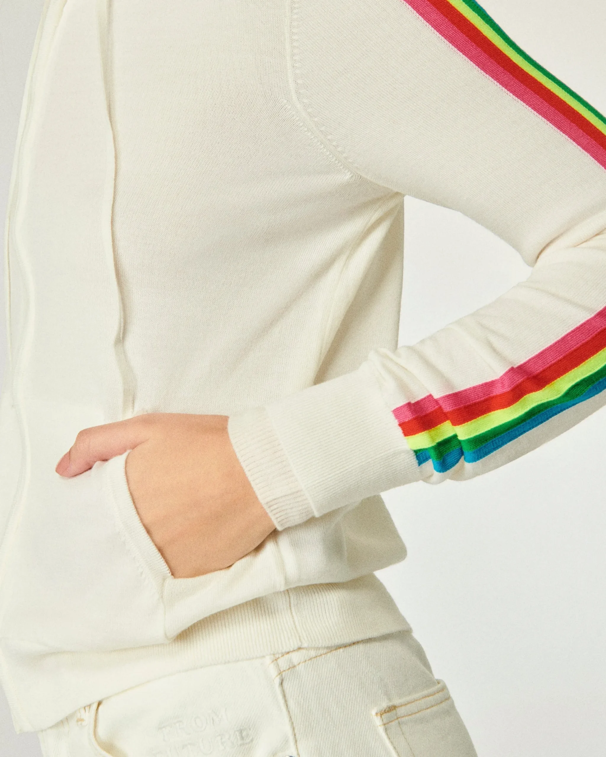 FROM FUTURE Felpa-maglione con Zip Banda multicolore Ecrù New