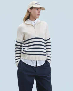 FROM FUTURE Maglione Collo alto con Zip Marinière Ecrù Best