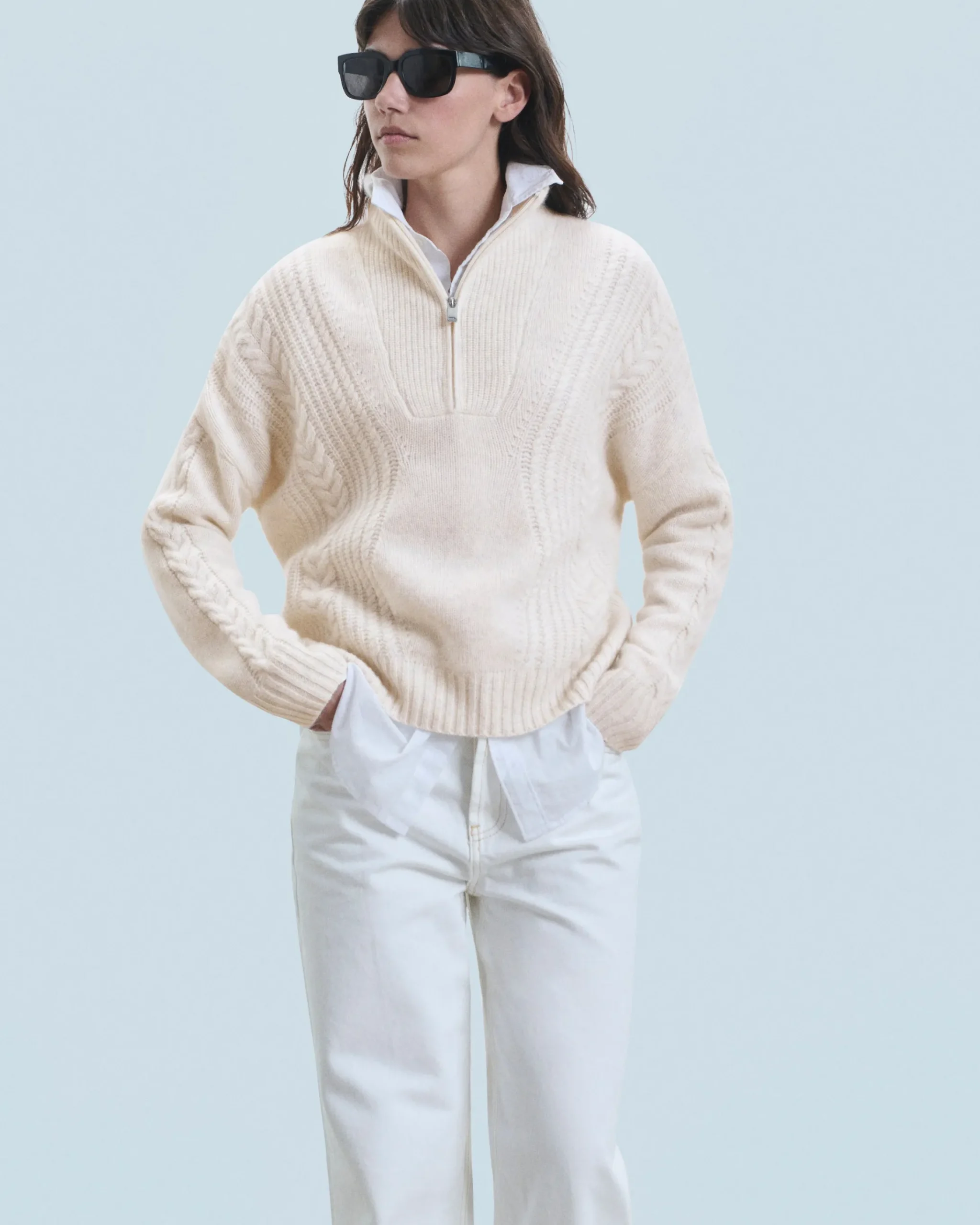 FROM FUTURE Maglione Collo alto con zip Maglia a trecce HeatheredEcru New