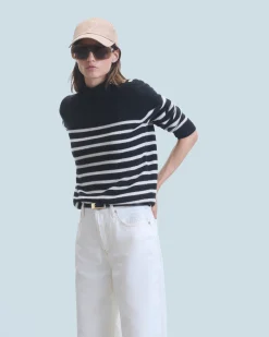 FROM FUTURE Maglione Collo alto Marinière con Bottoni Nero Sale