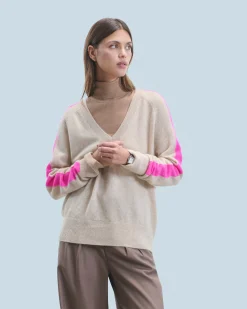 FROM FUTURE Maglione Scollo a V Oversize Bande bicolori Leggero Mentobeige Outlet