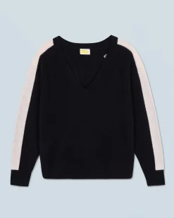 FROM FUTURE Maglione Scollo a V Oversize Bande bicolori Leggero Nero Sale