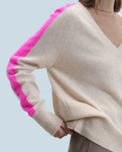 FROM FUTURE Maglione Scollo a V Oversize Bande bicolori Leggero Mentobeige Outlet