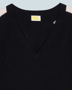 FROM FUTURE Maglione Scollo a V Oversize Bande bicolori Leggero Nero Sale