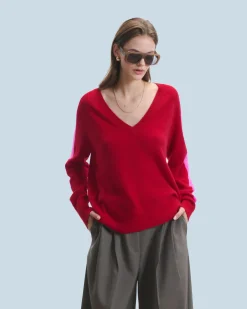 FROM FUTURE Maglione Scollo a V Oversize Bande bicolori Leggero DarkRed Best Sale