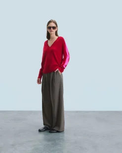 FROM FUTURE Maglione Scollo a V Oversize Bande bicolori Leggero DarkRed Best Sale