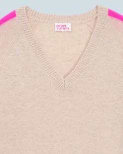 FROM FUTURE Maglione Scollo a V Oversize Bande bicolori Leggero Mentobeige Outlet