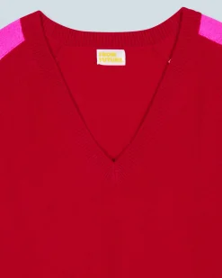 FROM FUTURE Maglione Scollo a V Oversize Bande bicolori Leggero DarkRed Best Sale