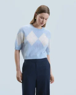 FROM FUTURE Maglione Scollo tondo in Cashmere spazzolato con Motivo losanghe BabyBlue Best