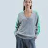 FROM FUTURE Pullover Scollo a V Oversize Bande bicolori Leggero Grigioericascuro Discount