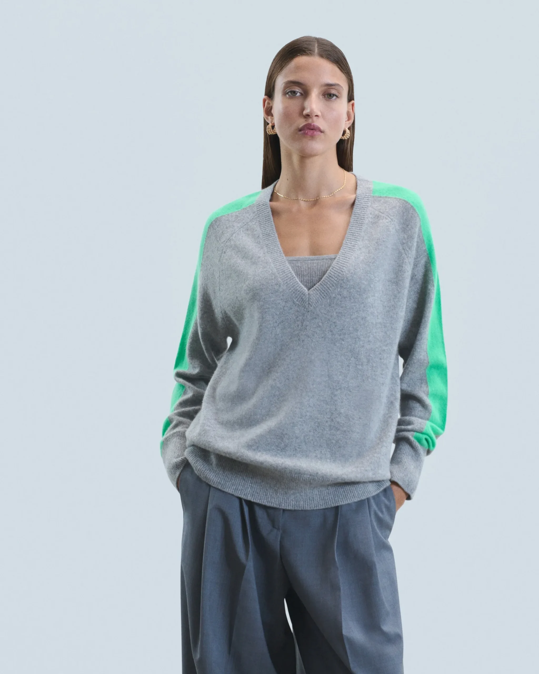 FROM FUTURE Pullover Scollo a V Oversize Bande bicolori Leggero Grigioericascuro Discount