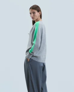 FROM FUTURE Pullover Scollo a V Oversize Bande bicolori Leggero Grigioericascuro Discount