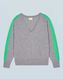 FROM FUTURE Pullover Scollo a V Oversize Bande bicolori Leggero Grigioericascuro Discount