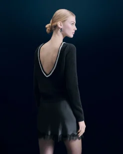 FROM FUTURE Pullover Scollo tondo Strass Schiena scoperta Nero Hot