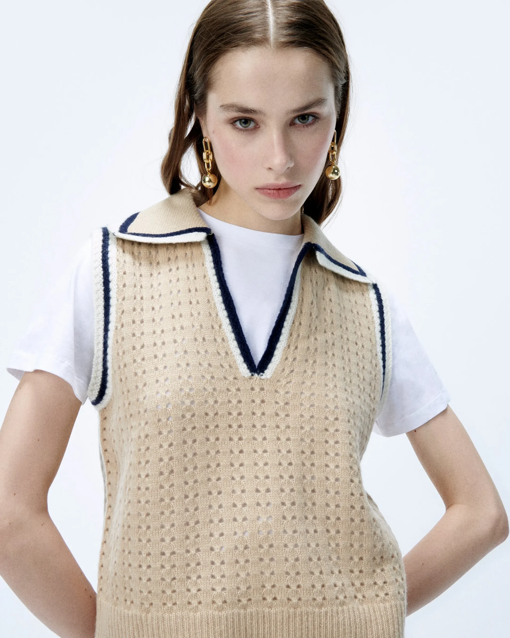 FROM FUTURE Pullover Senza maniche Uncinetto Beige Flash Sale