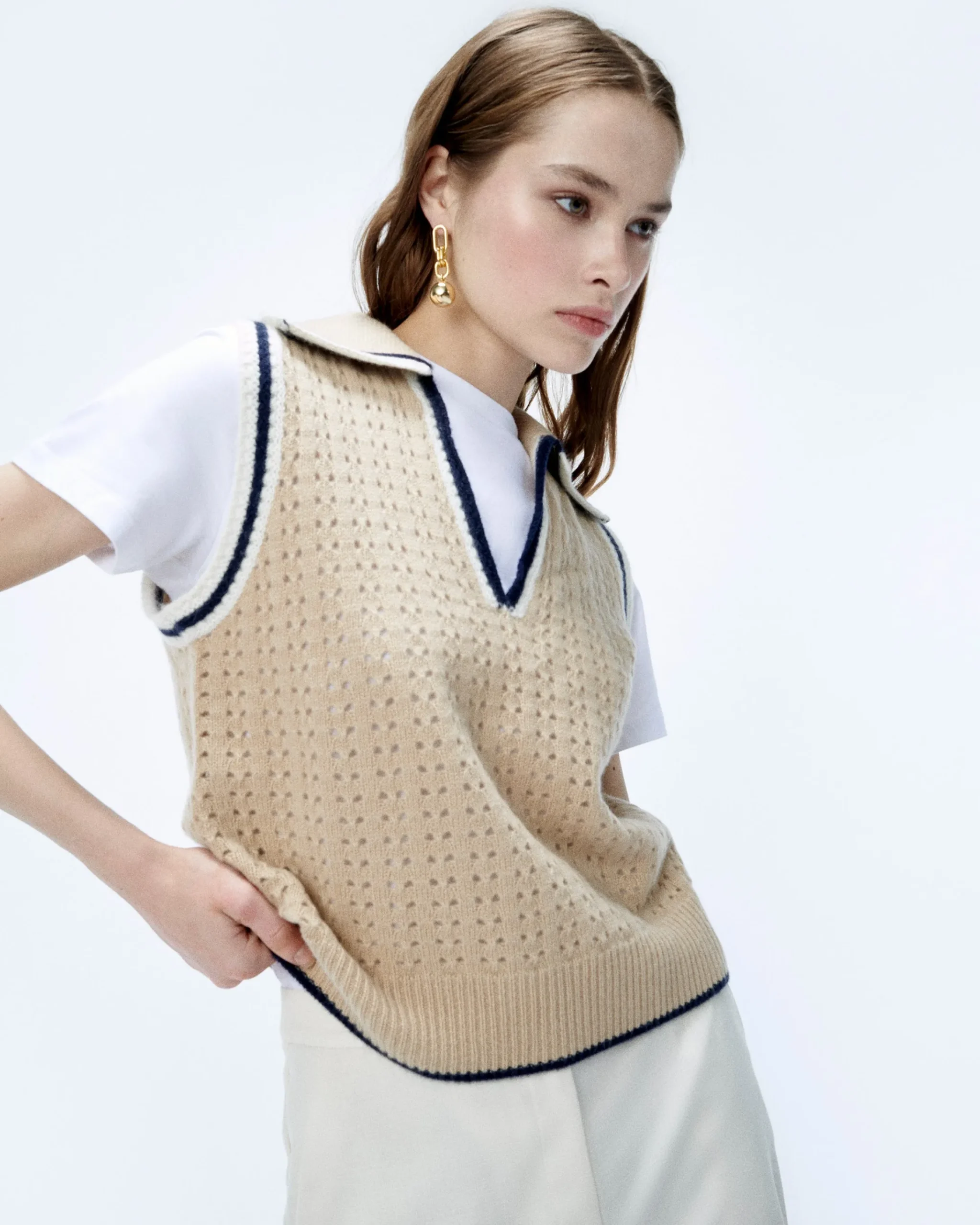 FROM FUTURE Pullover Senza maniche Uncinetto Beige Flash Sale