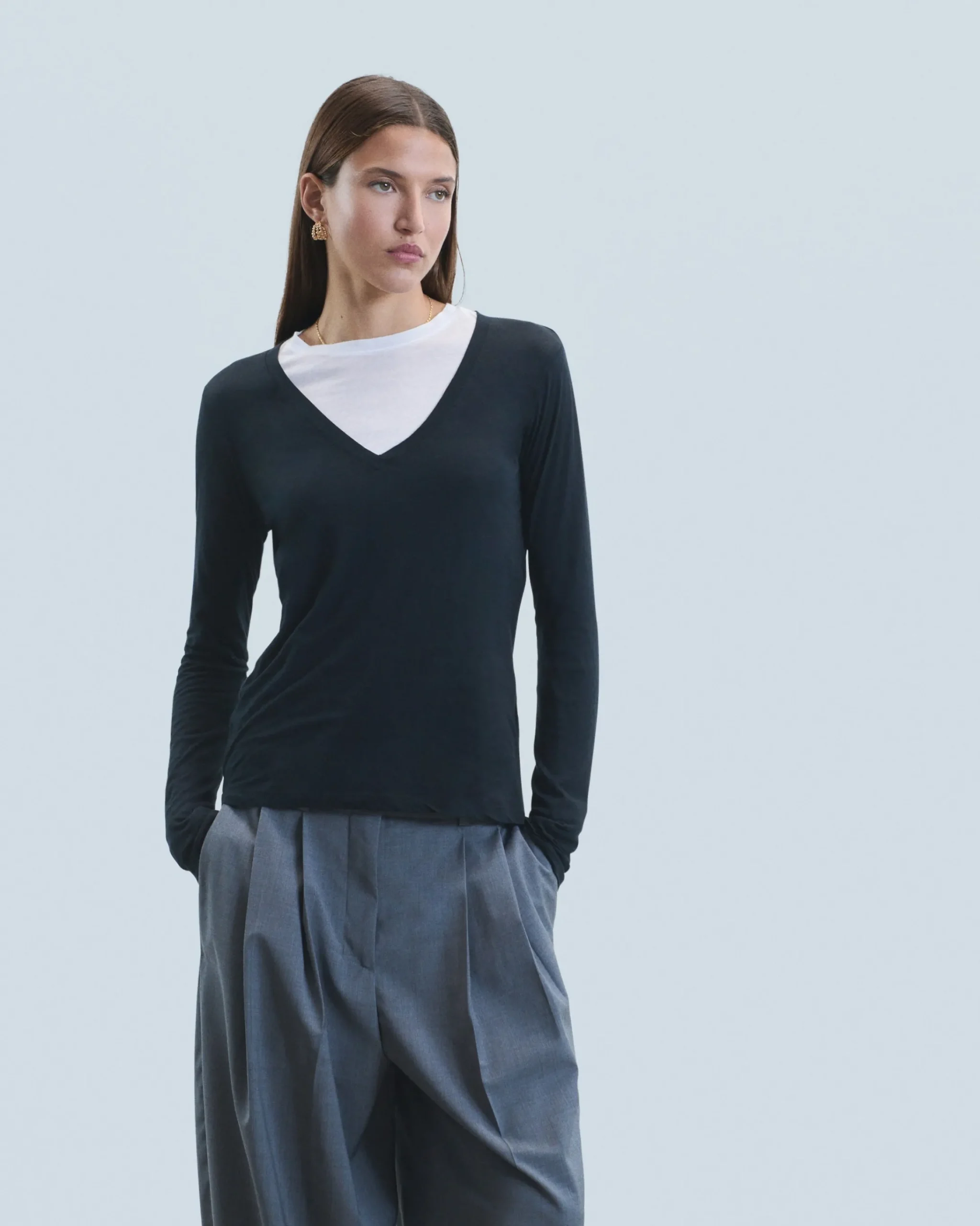 FROM FUTURE T-Shirt Scollo a V Maniche lunghe Nero Discount