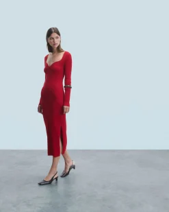 FROM FUTURE Vestito Lungo Maniche lunghe Scollo a cuore HotRed Clearance