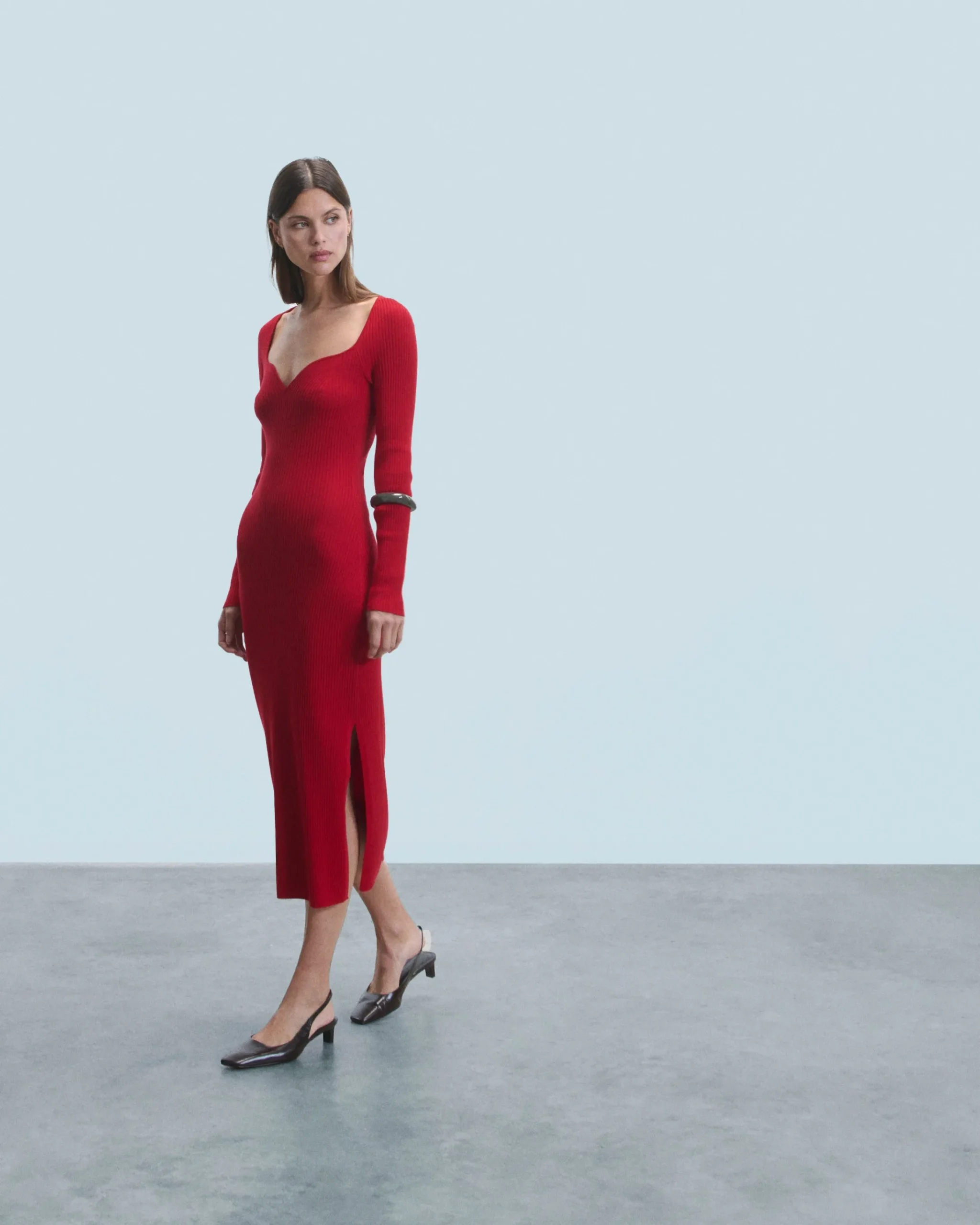 FROM FUTURE Vestito Lungo Maniche lunghe Scollo a cuore HotRed Clearance