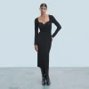 FROM FUTURE Vestito Lungo Maniche lunghe Scollo a cuore Nero Hot