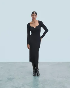 FROM FUTURE Vestito Lungo Maniche lunghe Scollo a cuore Nero Hot