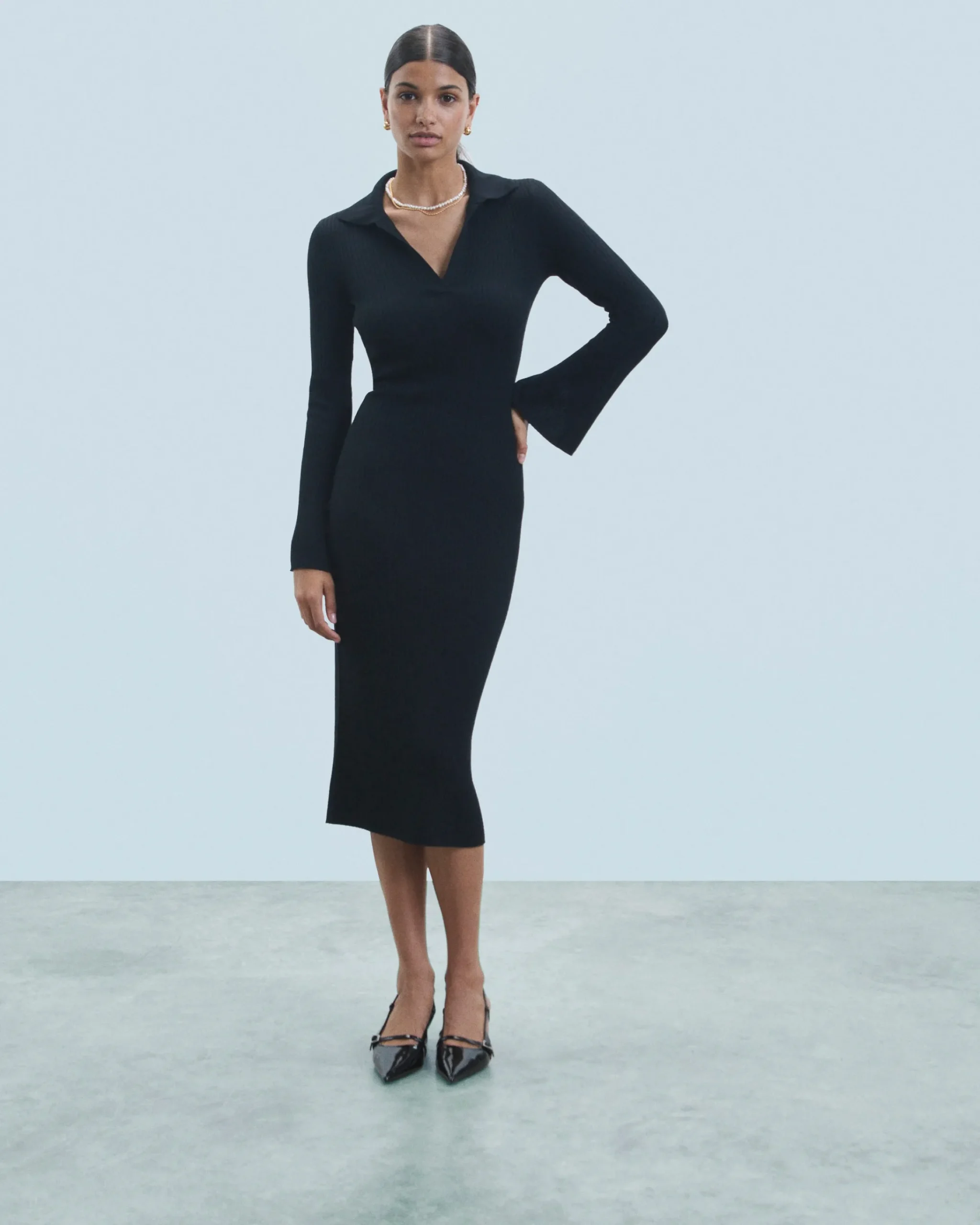 FROM FUTURE Vestito Lungo Maniche lunghe Collo a polo Nero Outlet