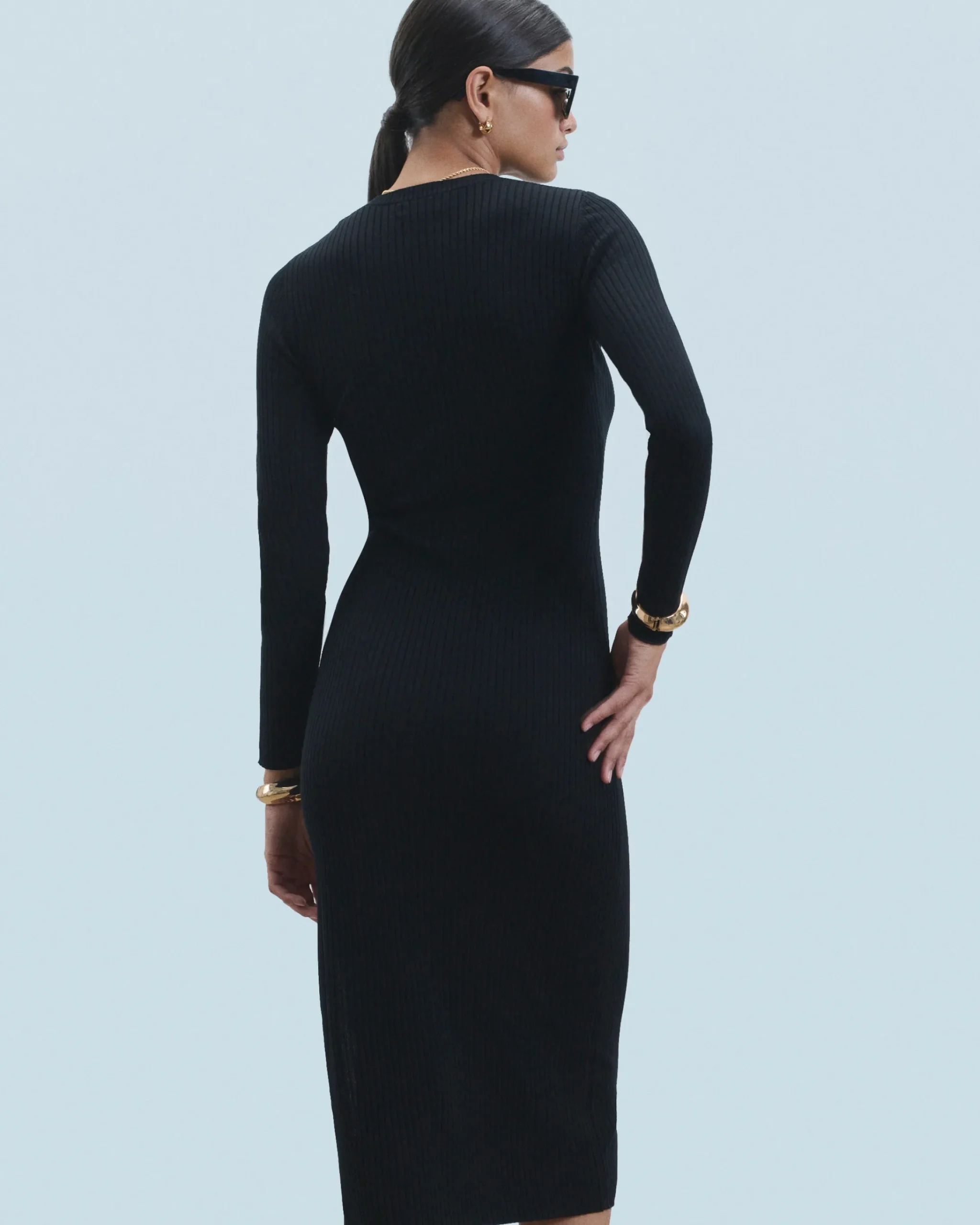 FROM FUTURE Vestito Lungo Maniche lunghe a Coste con Spacco Nero Best