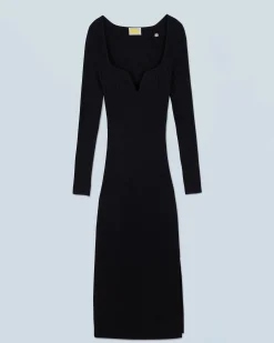 FROM FUTURE Vestito Lungo Maniche lunghe Scollo a cuore Nero Hot