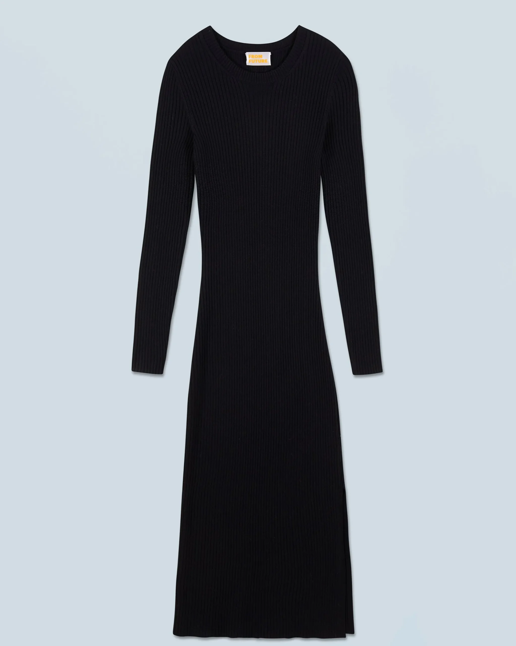 FROM FUTURE Vestito Lungo Maniche lunghe a Coste con Spacco Nero Best