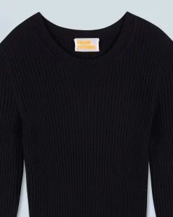 FROM FUTURE Vestito Lungo Maniche lunghe a Coste con Spacco Nero Best